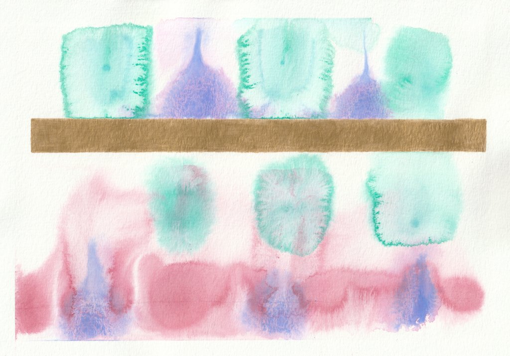 A watercolour painting with a series of soft, diffused shapes in shades of green, blue, pink, and purple. The colours appear to have bled and spread across the paper, creating organic, cloud-like forms. A horizontal band of solid, copper runs across the composition, contrasting with the fluidity of the surrounding colours. The painting has a delicate, layered effect, with some areas more saturated and others fading into the white background.