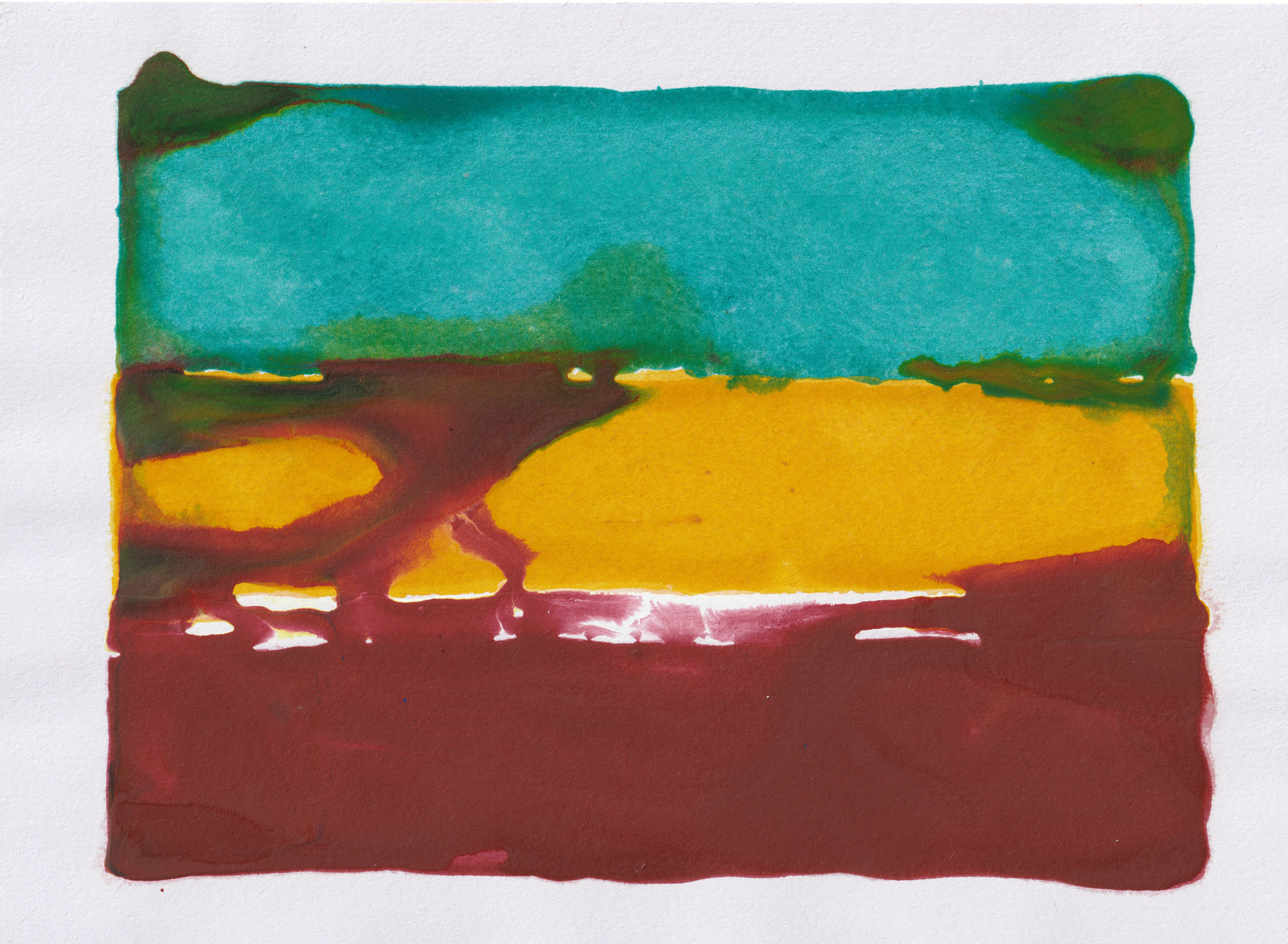 A painting with three distinct horizontal sections of color. The top section is a rich turquoise with slightly uneven edges. Below it, a bold yellow band stretches across the composition, with areas where the color bleeds into the sections above and below. The bottom portion is a deep reddish-brown, with irregular patches of lighter tones where the paint has pooled or lifted. Thin lines and streaks of white and maroon appear where the colors intersect, creating a textured, organic effect.