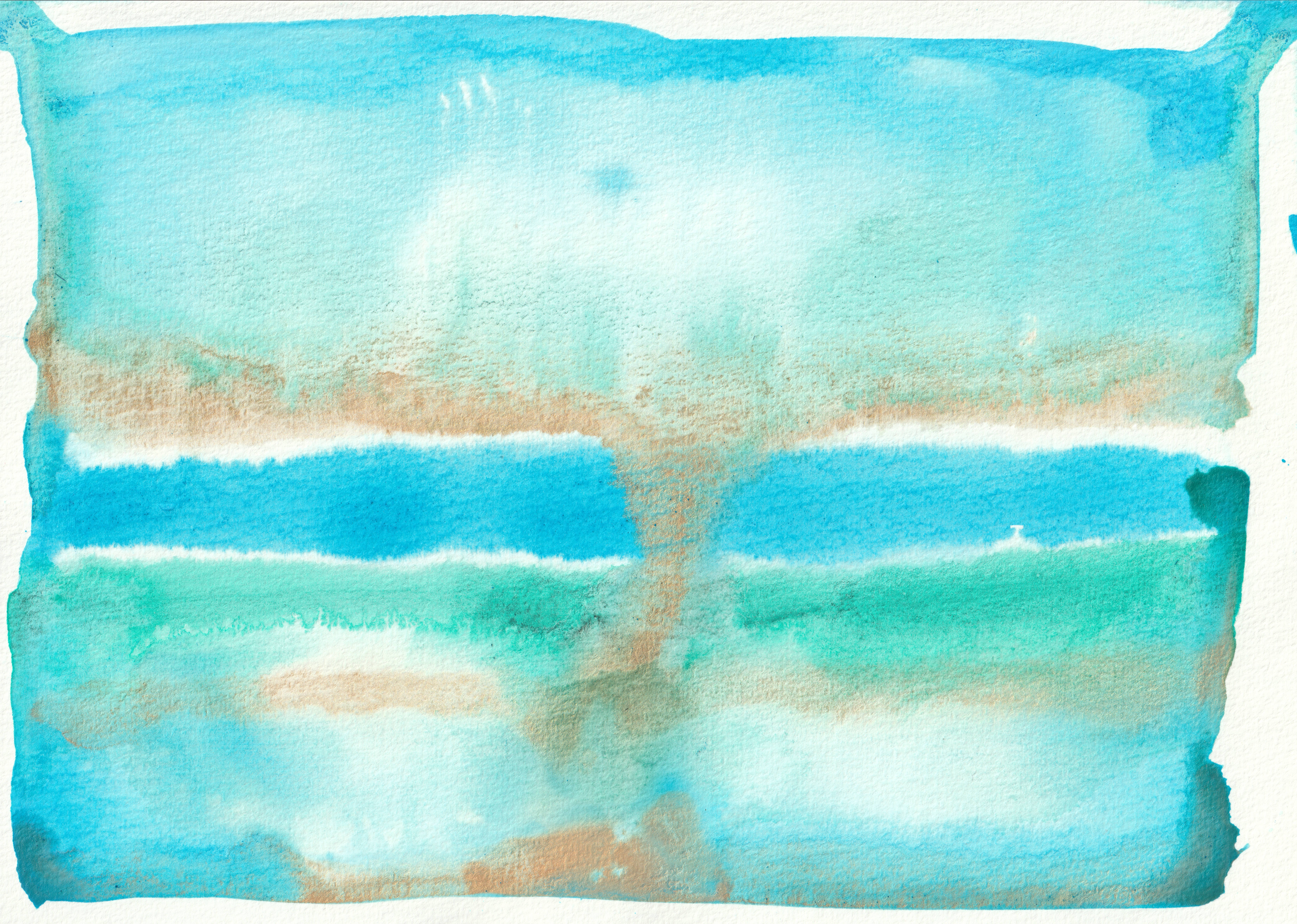 A watercolor painting featuring blended shades of blue, turquoise, and sandy brown. The colors are layered in horizontal bands, with some areas of more intense pigment and others softly diffused. White gaps between the bands create contrast, and the edges of the painting are uneven, with some areas bleeding into the surrounding space.